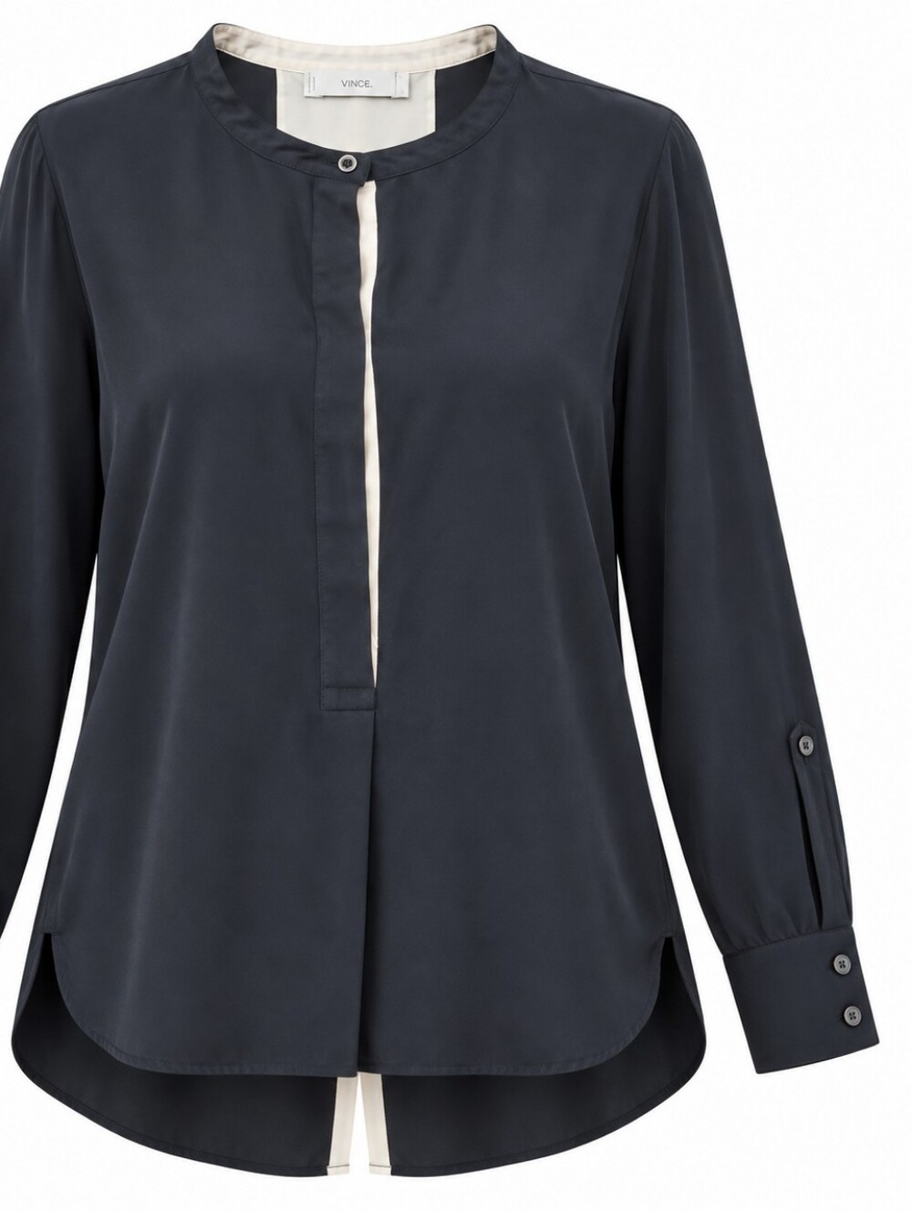 VINCE | Black Cream Silk Split Back Long Sleeve Hidden Button Career Blouse | L‎